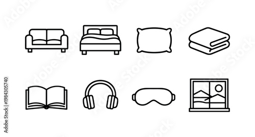 Leisure and rest: sofa, sleeping bed, pillow, blanket, book, headphones, eye mask, window view.