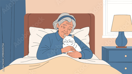 Peaceful elderly woman in blue pajamas lies in her cozy bed while tenderly hugging her white pet cat for comfort and companionship.