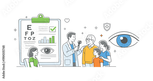 Routine eye check-up as part of preventive healthcare and wellness, depicted by a clipboard with vision results and a simple eye icon as the main elements, symbolizing