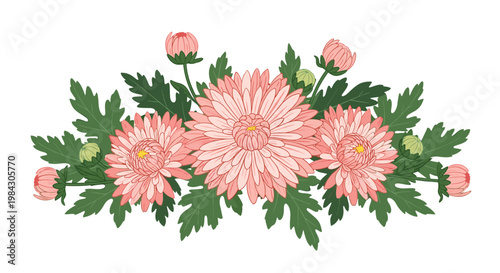A beautiful arrangement of soft pink and coral flowers with lush green foliage creating a romantic botanical design.