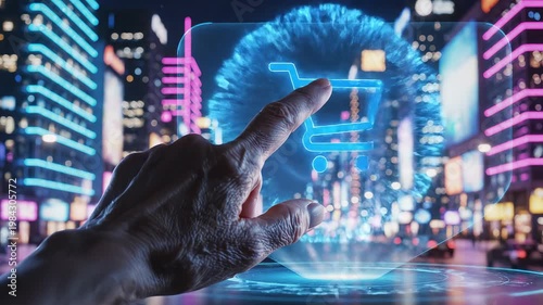 Hand interacting with digital shopping cart icon for commercial backgrounds, digital design, and advertising