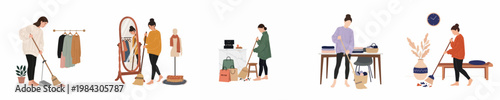 Set of five illustrations featuring a young woman sweeping and cleaning different rooms in a house and a small fashion boutique.