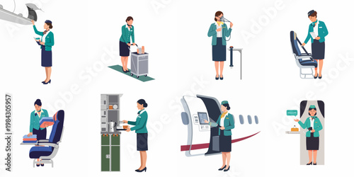 Flat Vector Illustrations of Flight Attendants Performing Various In-Flight Duties and Safety Procedures