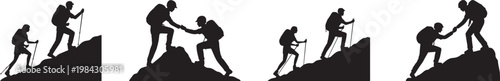 Silhouette set of mountain climbers hiking uphill and helping each other reach peak against transparent grid background.