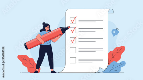 Determined woman uses a giant red marker to check off completed tasks on a large paper checklist to show progress and organization.