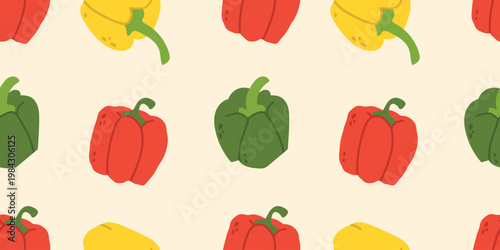 Seamless pattern with colorful bell peppers on light background. Fresh vegetable design ideal for packaging, textiles, kitchen decor and food branding.