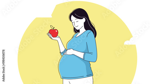Glowing pregnant woman in a blue dress gently holding a red apple while reflecting on healthy nutrition during her pregnancy.