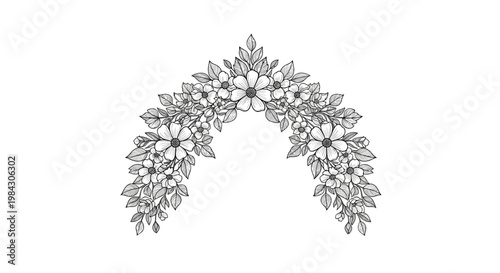 Elegant monochrome floral wreath border with delicate leaves and flowers forming a beautiful arched design perfect for wedding invitations spring decor and vintage decoration.