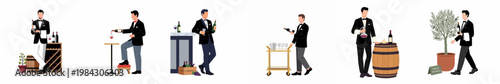 Set of flat vector illustrations featuring a professional sommelier serving wine in various restaurant and cellar settings.