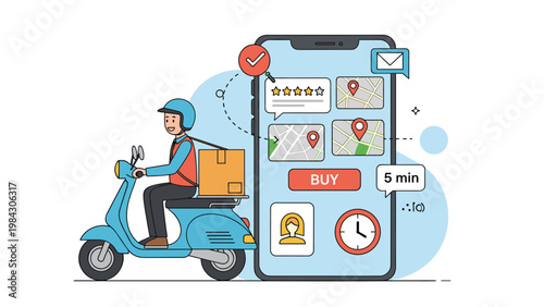 Delivery man riding a blue scooter with a package next to a large smartphone displaying a mobile app for online ordering.