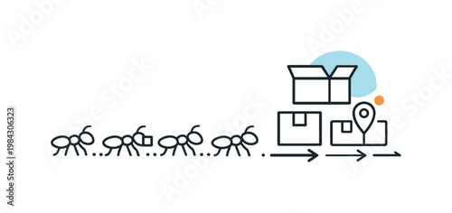 Logistics and organized workflow inspired by natures systems, a line of ants moving in sequence transporting small particles toward a minimal storage shape representing
