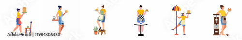 Diverse set of flat vector illustrations showing young women in colorful aprons serving stacks of pancakes and coffee in a cafe or kitchen.