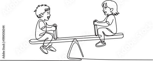 Children so happy playing seesaw. Kids playground equipment concept.one line drawing vector illustration
