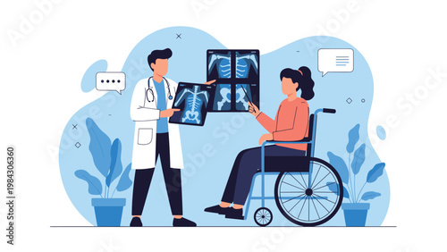 Professional male doctor explaining X-ray results to a female patient sitting in a wheelchair within a modern medical clinic.
