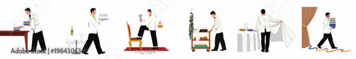 Vector illustration set showing a professional waiter performing various hospitality tasks like serving, setting tables, and organizing linens in a luxury restaurant.