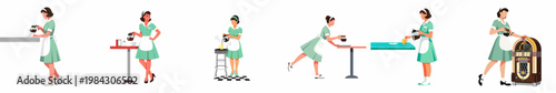 Collection of flat vector illustrations featuring a retro waitress in a mint green uniform serving coffee in a vintage American diner setting.