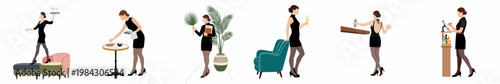 Flat illustration collection of a female hospitality professional in a black dress performing various tasks in a luxury restaurant or bar setting.