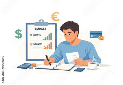 A household budget planning scenario where an individual reviews income and expenses to manage finances effectively, illustrating personal finance awareness and