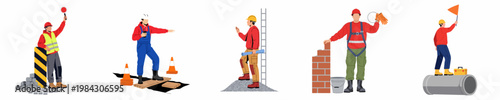 Set of Flat Vector Illustrations Featuring Construction Workers in Safety Gear Performing Various Tasks Like Traffic Control, Masonry, and Engineering.