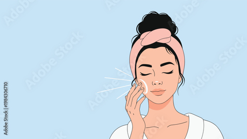 Young woman with her hair in a bun gently cleaning her face using a cotton pad as part of her daily skincare routine.