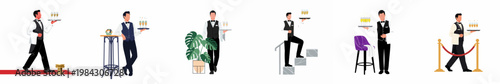 Collection of professional waiters in formal attire serving champagne at luxury events and gala celebrations, flat vector illustration.