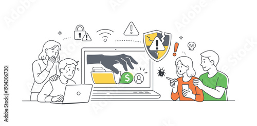 Individual facing digital security risks while using online services for banking or personal data management in a connected environment, illustrated through a clear