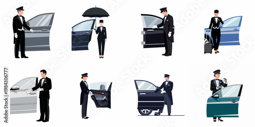 Set of professional chauffeur and valet illustrations in formal uniforms providing luxury transportation services and opening car doors for passengers