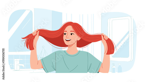 Happy young woman with bright red hair admiring her long locks while standing in front of a mirror in her bathroom.