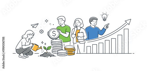 Investment and wealth building in a personal finance setting where individuals manage assets and increase long term value, visualized through two or three elements like a