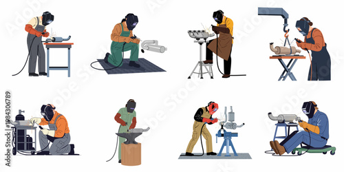 Set of illustrations depicting male and female welders in protective gear working on exhaust pipes and mufflers using professional welding equipment.