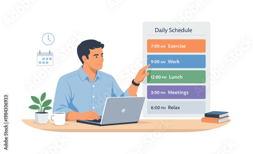 A professional maintaining a structured daily routine in a calm work setting, seated with a laptop while interacting with a simple repeating schedule block panel beside