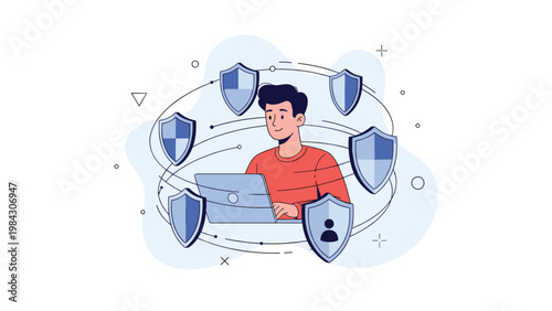 Man working on a laptop computer while surrounded by floating shields representing internet security and data protection.