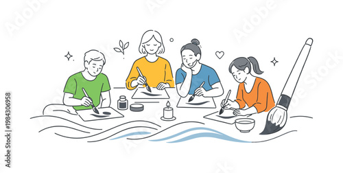 Mindfulness and calm creative practice in a lifestyle or wellness setting where individuals engage in slow artistic processes to relax and focus, illustrated by gentle