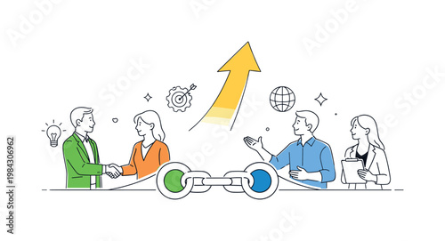 A strategic business relationship scenario where organizations align visions and collaborate on long-term initiatives, depicted through a simple scene with connected