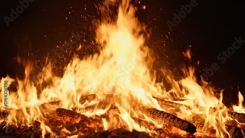Bright fire burning with wood logs for commercial advertising, marketing campaigns, and creative projects