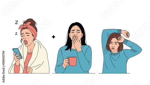 Collage of three women showing different stages of morning fatigue, including yawning, drinking coffee, and stretching.