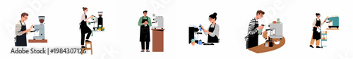 Set of flat illustrations featuring baristas cleaning and maintaining coffee espresso machines, ensuring a hygienic environment in a modern professional cafe.
