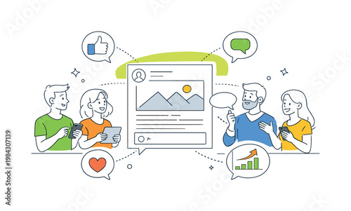 A content strategy and audience engagement scenario where online influence is built through interaction, feedback, and consistent messaging, depicted through a simple