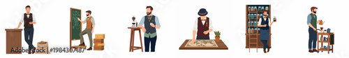 Set of flat illustrations featuring stylish men in vintage attire engaged in artisan coffee preparation, cartography, and gourmet curation activities.