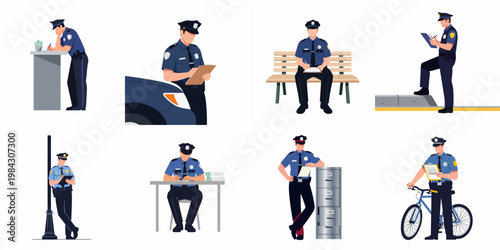 Set of flat vector illustrations featuring a police officer writing reports and performing administrative duties in various settings.