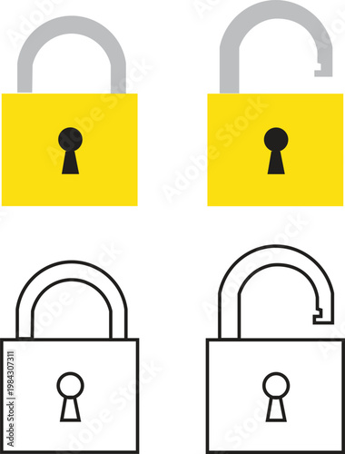 Minimalist padlock icon set, yellow and black security locks in open and closed positions, flat vector illustration for cyber safety and data protection