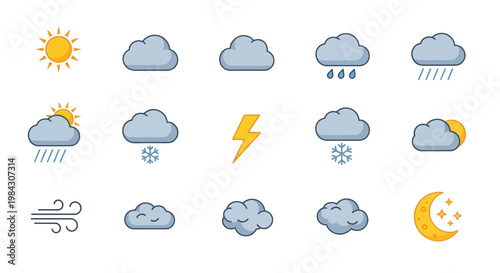 Weather icons for sunshine, clouds, rain, snow, wind, and moon phases in a digital illustration style for forecasting and climate symbols