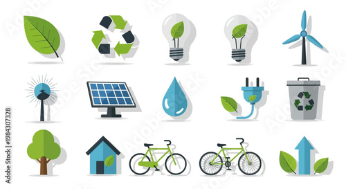 Eco friendly icons for sustainable living and renewable energy sources in a modern digital illustration
