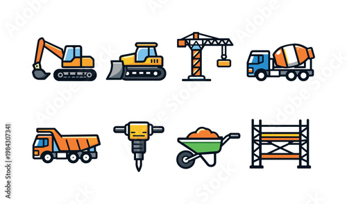Construction site equipment: excavator, bulldozer, tower crane, cement mixer truck, dump truck, jackhammer, wheelbarrow, scaffolding.