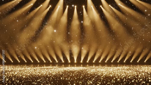 Golden stage lights with sparkling effects for commercial backgrounds, digital design, and advertising