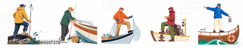 Flat vector illustration set of diverse fishermen engaged in various activities on their boats at sea, featuring nets, rods, and catch.