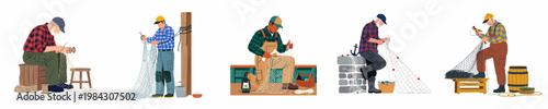 Set of fishermen mending and repairing fishing nets in various poses, illustrations of traditional maritime labor and craftsmanship on white background.