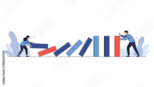 Team of two people working together to stop a falling row of large dominoes, representing crisis management and stability.