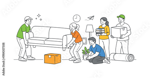Furniture moving relocation scene showing a small group of people carefully carrying and arranging items during a home or office move, with a sofa and a single box as the