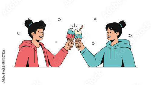 Two happy friends wearing hoodies and clinking their colorful ice cream cones together in a celebratory toast of friendship.